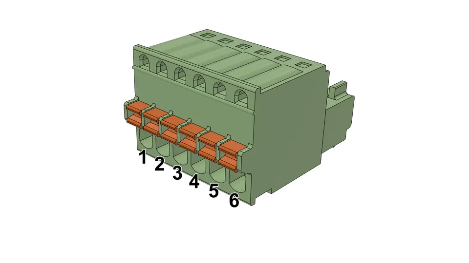 Conector de 6 posiciones con pines numerados 1 al 6