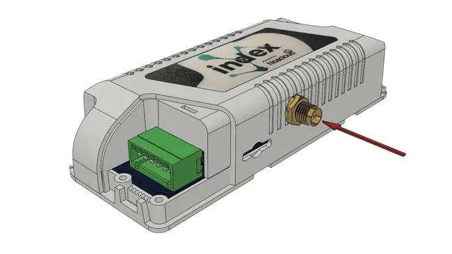 Identificación del conector SMA para antena externa en la parte inferior del dispositivo